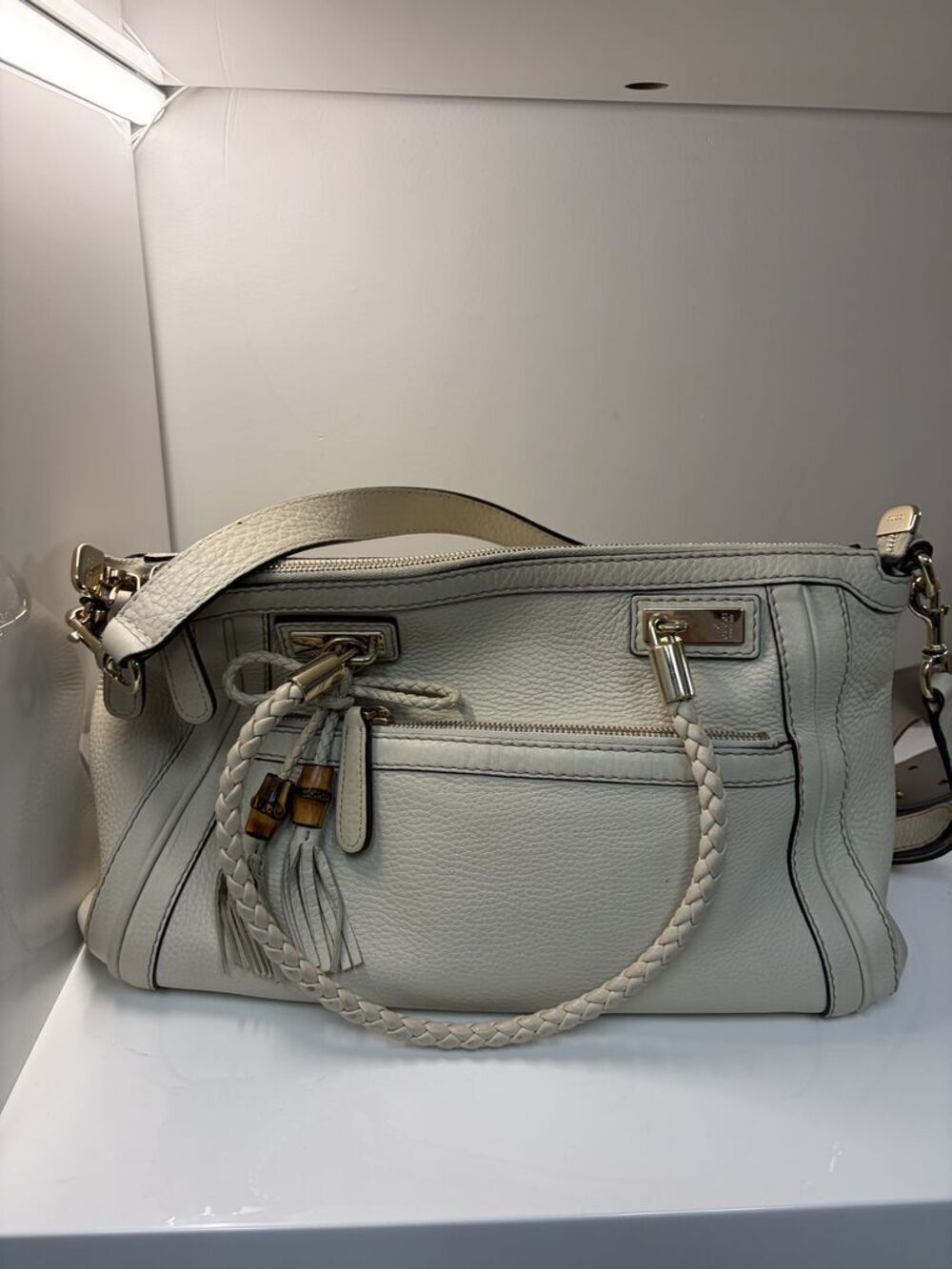 Gucci Bamboo Tassel Ivory Leather Shoulder Bag